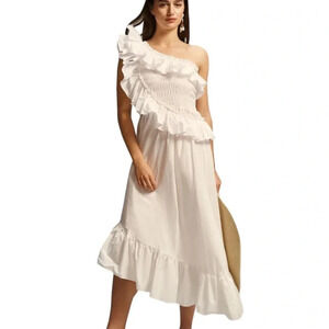 NWT MISA Sandersun Ruffled One Shoulder Cotton Midi Dress White Size S